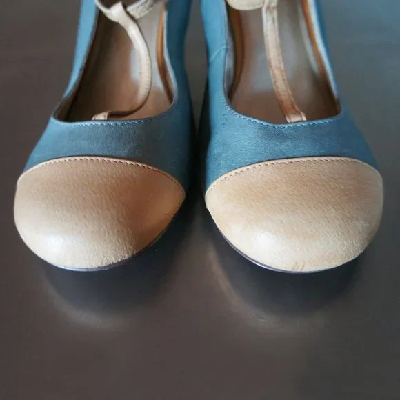 Anthropologie Seychelles Leather Grey Yellow T-Strap Mary Jane Shoes Wedges 9.5 - Picture 2 of 6